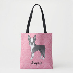 Bolsa Tote Cão Boston Terrier Azul e Branco em Corações Rosas