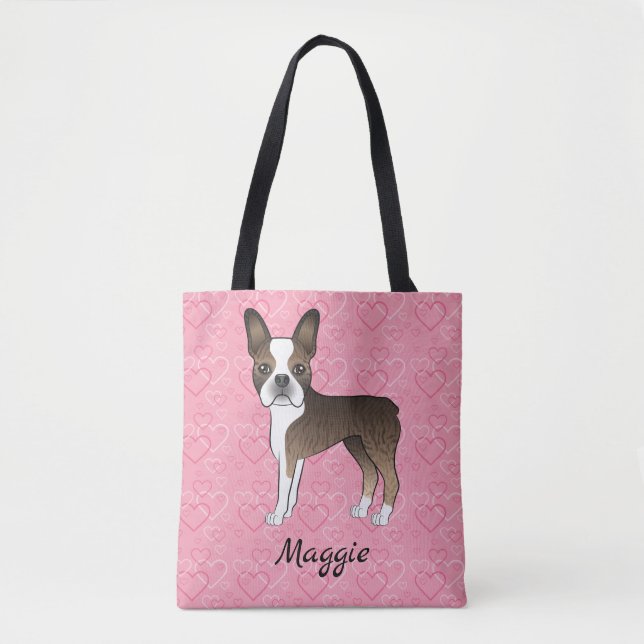 Bolsa Tote Cão Boston Terrier Tigrado em Corações Rosa (Frente)