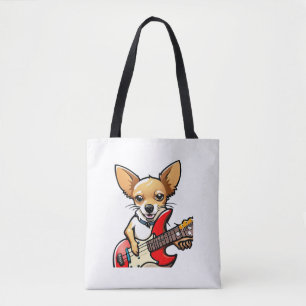 Bolsa Tote Cão Chihuahua tocando violão elétrico. Vetor