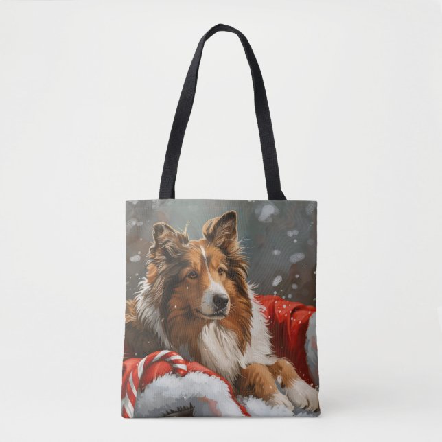 Bolsa Tote Cão Collie Áspero Festa de Natal (Frente)