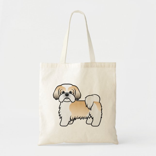 Bolsa Tote Cão de Cartoon Dourado e branco Shih Tzu Cute (Frente)