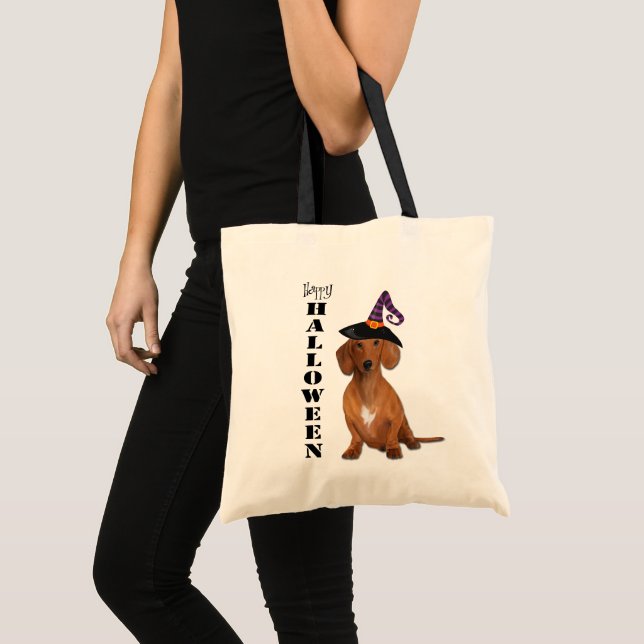 Bolsa Tote Cão de Dachshund Vermelho Halloween (Frente (produto))
