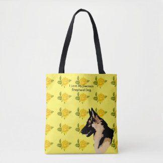 Bolsa Tote Cão de german shepherd e rosas amarelos