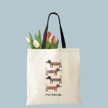 Bolsa Tote Cão de linguiça de Dachshund Personalizado<br><div class="desc">Engraçado,  salsicha Dachshund ou cachorros-salsicha em tricô aconchegante. Perfeito para amantes de cães. Arte original de Nic Squirrell. Altere o nome para personalizar.</div>