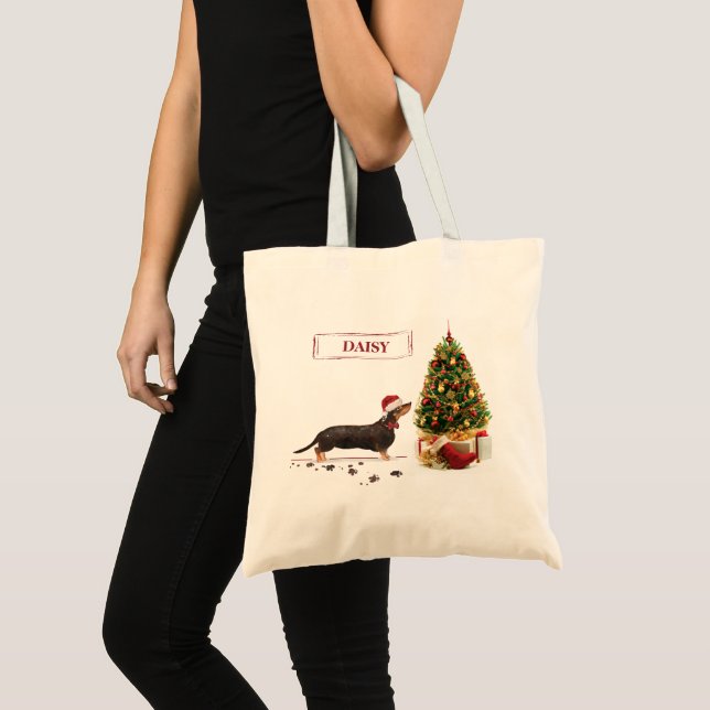 Bolsa Tote Cão de Natal Negro e Tan Dachshund Engraçado (Frente (produto))