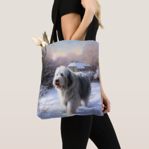 Bolsa Tote Cão de Pastoreio Inglês Antigo Deixe Nevar Natal