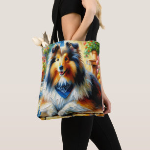 Bolsa Tote Cão de Pastoreio Shetland em Cena de Jardim Rústic