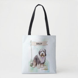 Bolsa Tote Cão de Pastoreiro Inglês Antigo Aquarela Cachorro 