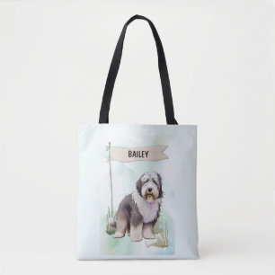 Bolsa Tote Cão de Pastoreiro Inglês Antigo Aquarela Cachorro 