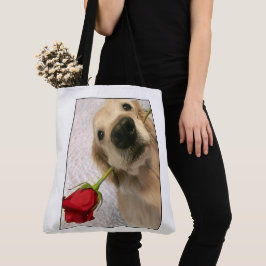 Bolsa Tote Cão do golden retriever com rosa vermelha