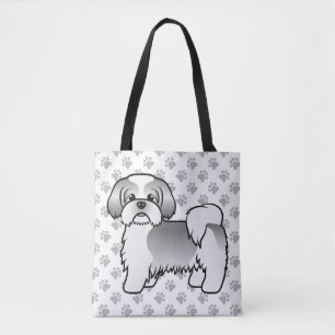 Bolsa Tote Cão e patas de animação Shih Tzu, prata e branca