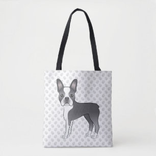 Bolsa Tote Cão e patas de Cartoon Azul e Branco de Boston