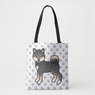 Bolsa Tote Cão e patas de cartoon Shiba Inu Preto e Tan