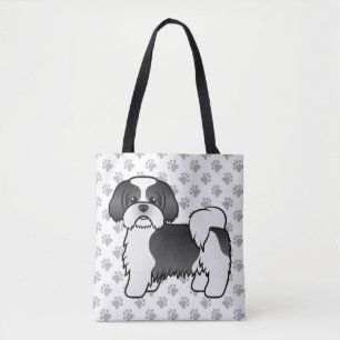 Bolsa Tote Cão e patas de desenho em preto e branco Shih Tzu