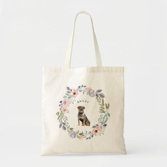 Bolsa Tote Cão floral da aguarela bonito | Rottweiler (Frente)
