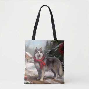 Bolsa Tote Cão Malamute do Alasca na Neve Natal