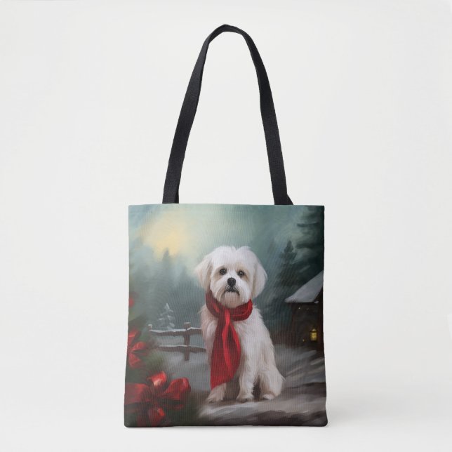 Bolsa Tote Cão Maltês na Neve Natal (Frente)