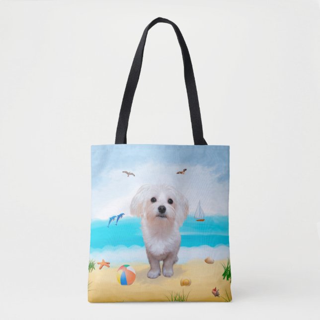 Bolsa Tote Cão Maltês na Praia (Frente)