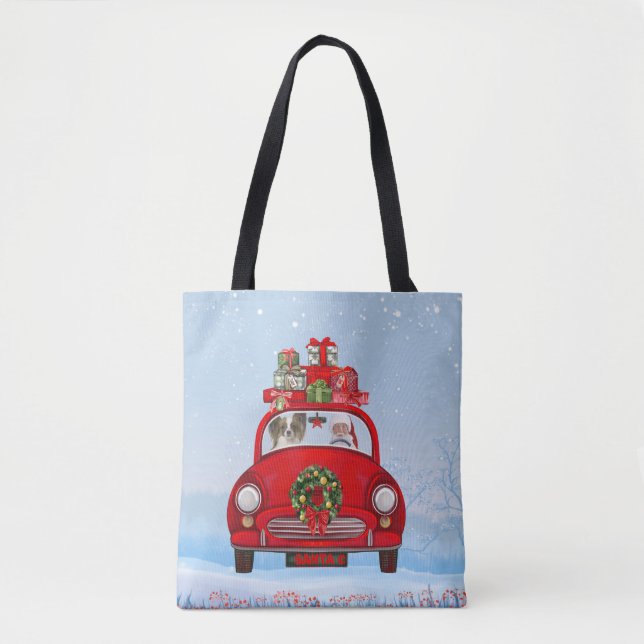 Bolsa Tote Cão Papillon em carro com Papai Noel (Frente)