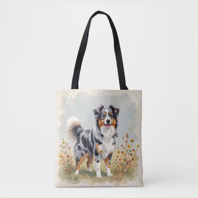 Bolsa Tote Cão Pastor Australiano Merle Cauda Longa (Frente)