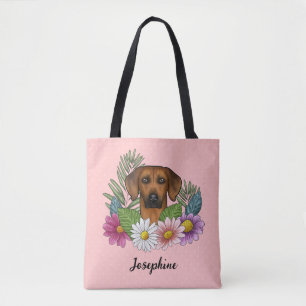 Bolsa Tote Cão Ridgeback da Rodésia com Flores e Nome Rosa