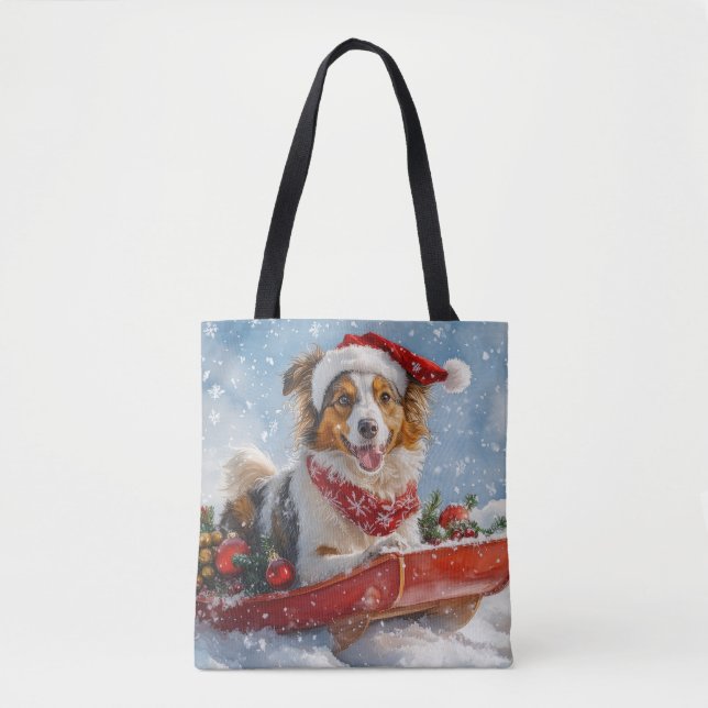 Bolsa Tote Cão Rough Collie em Trenó Deixe Nevar Natal (Frente)