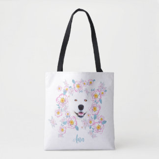 Bolsa Tote Cão Samoyed e flores cor-de-rosa, nome personaliza