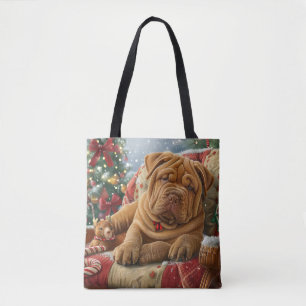 Bolsa Tote Cão Shar Pei Natal Festivo