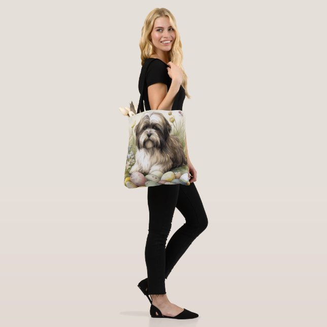 Bolsa Tote Cão Terrier Tibetano com Ovos da Páscoa (No(a) Modelo)