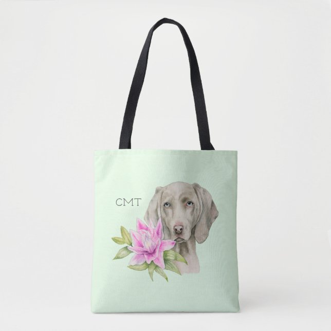Bolsa Tote Cão Weimaraner e Lily Watercolor| Monograma (Frente)