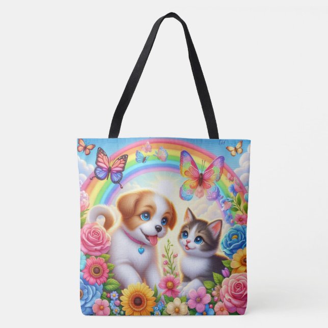 Bolsa Tote Cãozinho/cachimbo/arco-íris de gatinho (Frente)