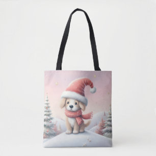 Bolsa Tote Cãozinho de Natal bonito com chapéu de Santa