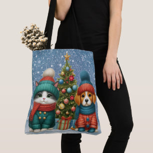Bolsa Tote Cãozinho de Natal bonito e gatinho