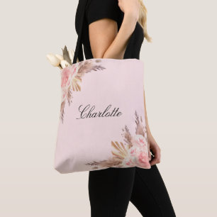 Bolsa Tote capim das pampas rosa bege dourado rosa floral nom