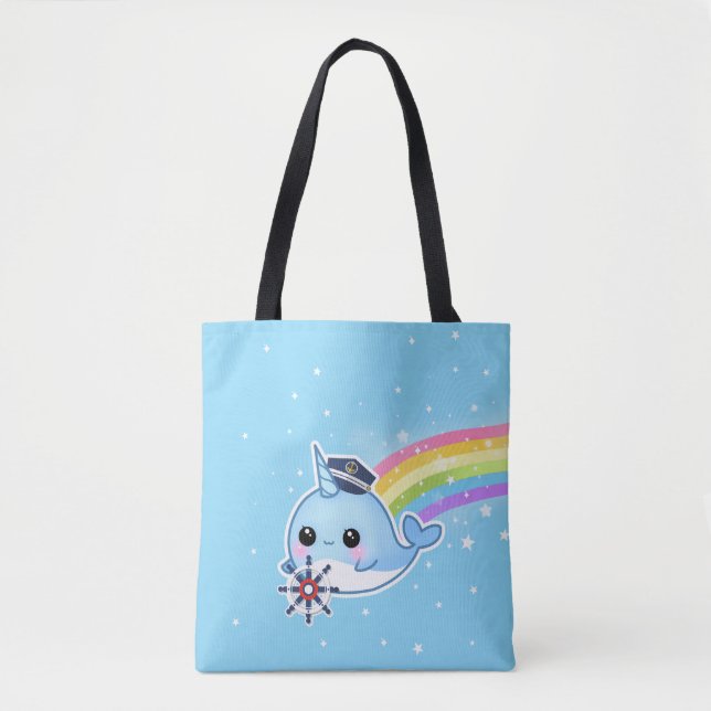 Bolsa Tote Capitão bonito narwhal com arco-íris (Frente)