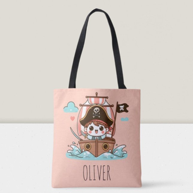 Bolsa Tote Capitão Pirata Kid e Navio Fofo (Criador carregado)