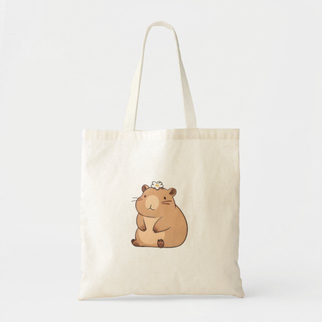 Bolsa Tote Capivara Fofa com Design Kawaii de Flor Margarida (Frente)