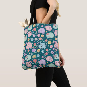 Bolsa Tote Caprichoso Gato Kawaii Pastel e Floral Sem Costura