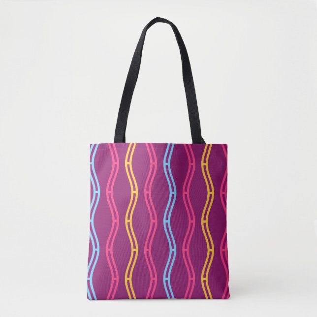 Bolsa Tote Captador de Atenção Rosa Azul Dourado Ondas Roxo (Frente)