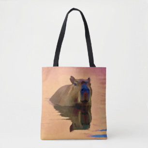 Bolsa Tote Capybara Emergente de Arte Tranquil em Lago