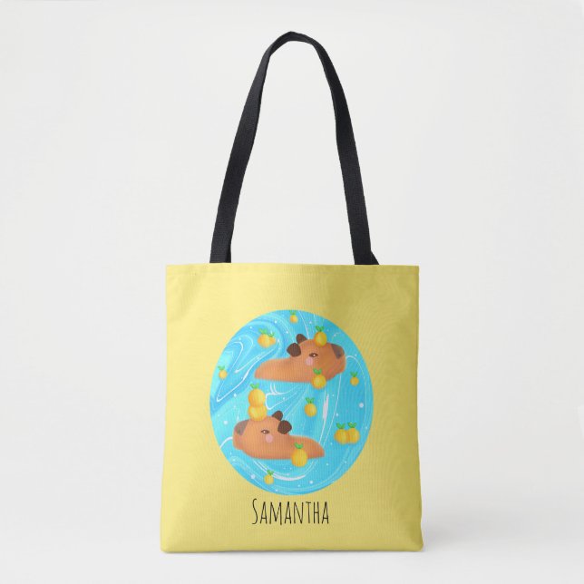 Bolsa Tote Capybaras Em Água Com Laranjas (Frente)