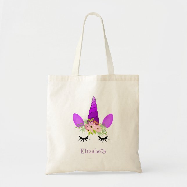 Bolsa Tote Cara de Unicórnio Fofa, Coroa Floral (Frente)
