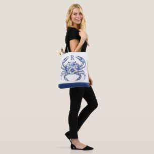 Bolsa Tote Caranguejo Azul Monograma Náutico Costeiro