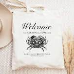 Bolsa Tote Caranguejo de Boas-vindas de Casamento de Destino<br><div class="desc">Este hotel de casamento de destino ou bolsa de favores apresenta uma ilustração antiga de um caranguejo sob a palavra "bem-vindo" em um roteiro elegante. Personalize-o com o local do casamento,  os nomes da noiva e do noivo,  e a data do casamento.</div>