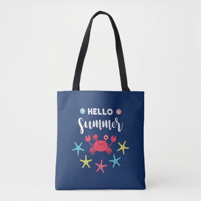 Bolsa Tote Caranguejo feliz do verão dos azuis marinhos olá! (Frente)