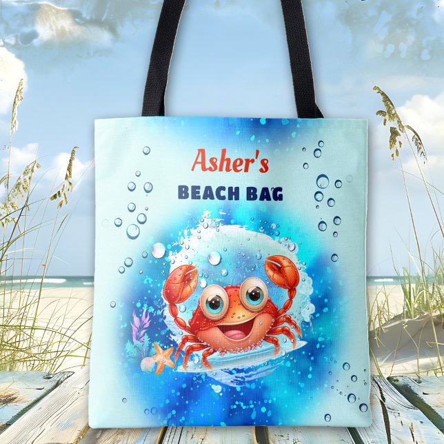 Bolsa Tote Caranguejo Turquoise Blue Boy Piscina Beach Custom (Crab Turquoise Blue Boy Pool Beach Custom Name Tote Bag)