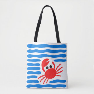 Bolsa Tote Caranguejo Vermelho Fofo & Ondas Azuis Costeiras