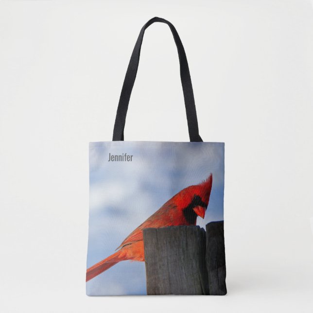 Bolsa Tote Cardinal Vermelho no Stump de Wooden Personalizado (Frente)