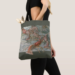 Bolsa Tote Cardume de Lagostas no Oceano, Arte Novo Antigo