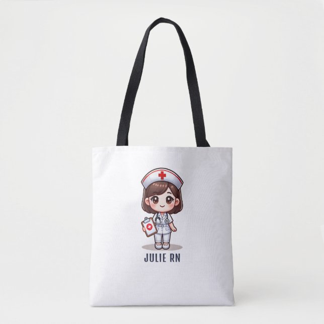 Bolsa Tote Caricatura de Enfermeira de Manga Brunette Cute Pe (Frente)